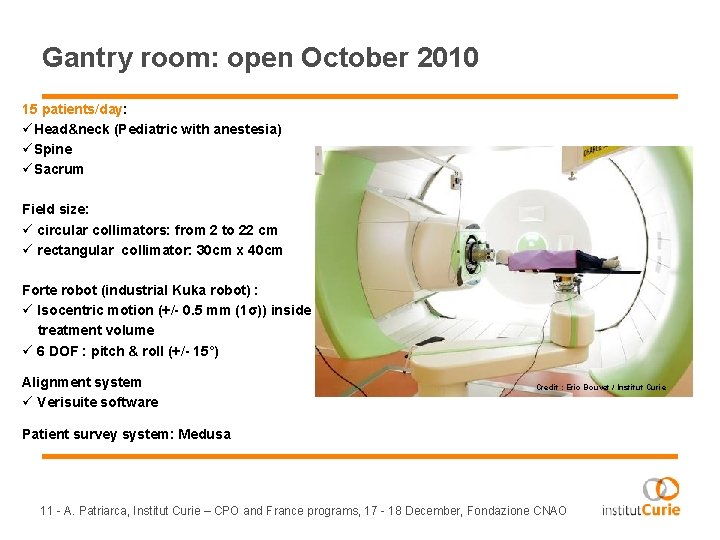 Gantry room: open October 2010 15 patients/day: üHead&neck (Pediatric with anestesia) üSpine üSacrum Field