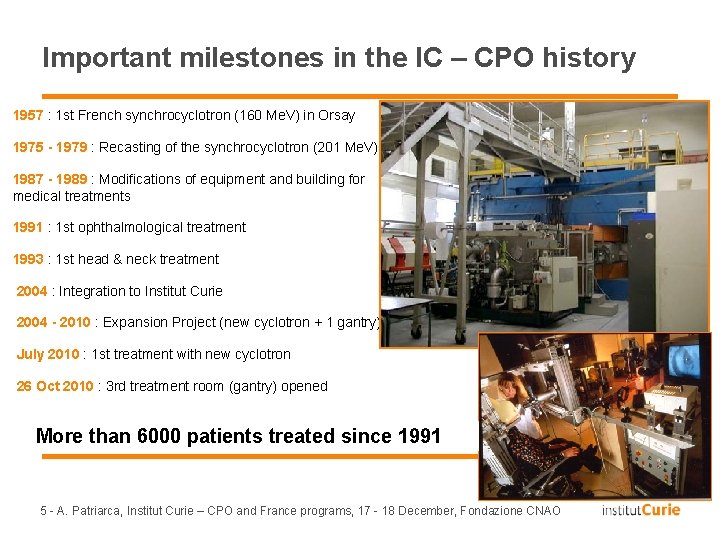 Important milestones in the IC – CPO history 1957 : 1 st French synchrocyclotron