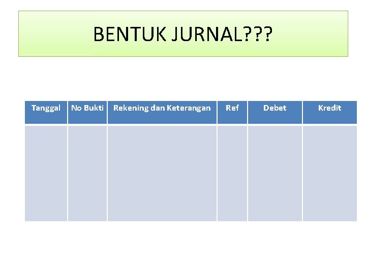 BENTUK JURNAL? ? ? Tanggal No Bukti Rekening dan Keterangan Ref Debet Kredit 