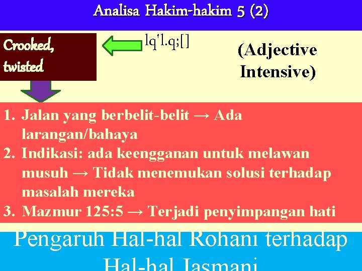 Crooked, twisted Analisa Hakim-hakim 5 (2) lq'l. q; [] (Adjective Intensive) 1. Jalan yang