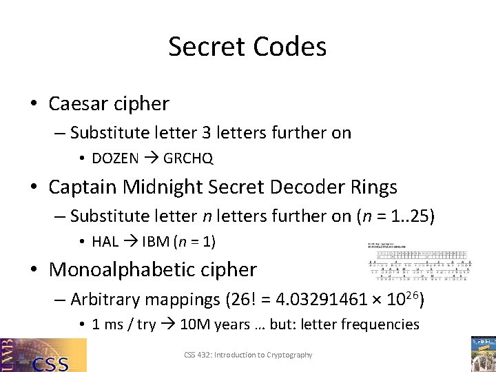 Secret Codes • Caesar cipher – Substitute letter 3 letters further on • DOZEN