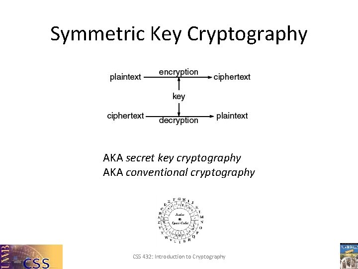Symmetric Key Cryptography AKA secret key cryptography AKA conventional cryptography CSS 432: Introduction to