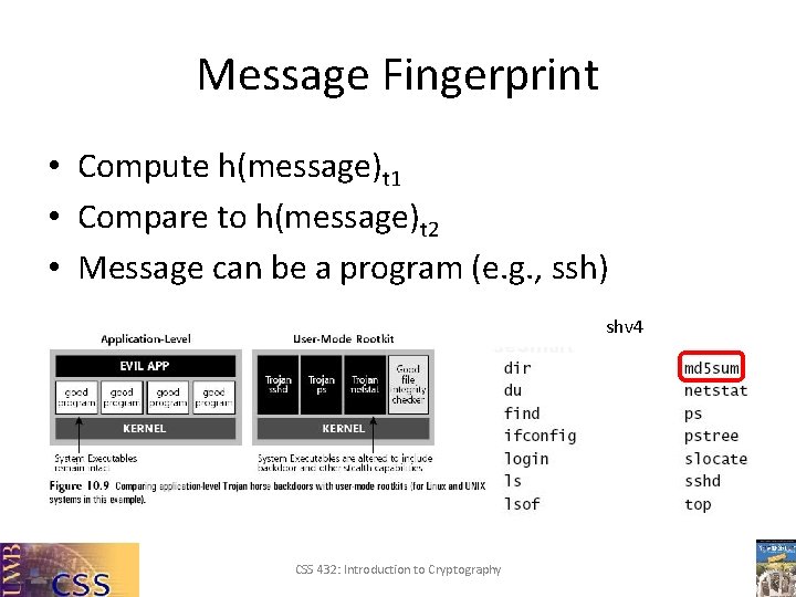 Message Fingerprint • Compute h(message)t 1 • Compare to h(message)t 2 • Message can