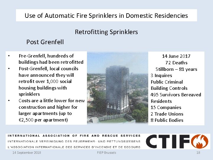 Use of Automatic Fire Sprinklers in Domestic Residencies Retrofitting Sprinklers Post Grenfell • •