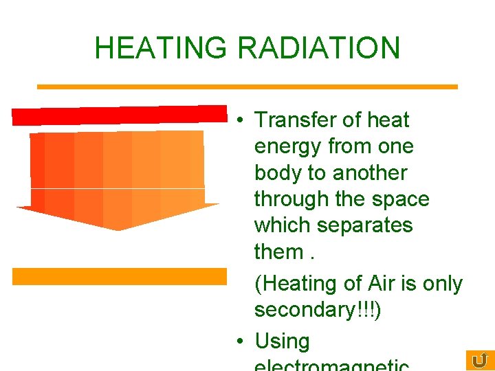 HEATING RADIATION • Transfer of heat energy from one body to another through the