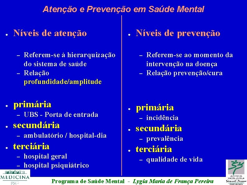 Atenção e Prevenção em Saúde Mental ● Níveis de atenção – – ● ●