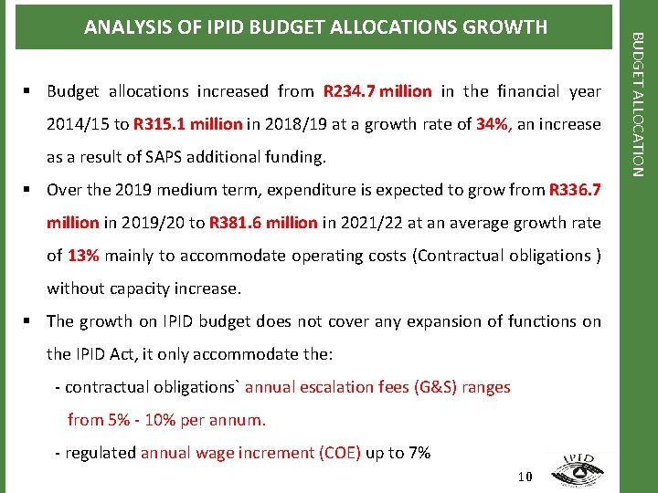 § Budget allocations increased from R 234. 7 million in the financial year 2014/15