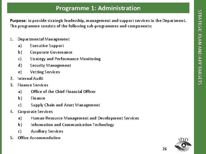 Purpose: to provide strategic leadership, management and support services to the Department. The programme