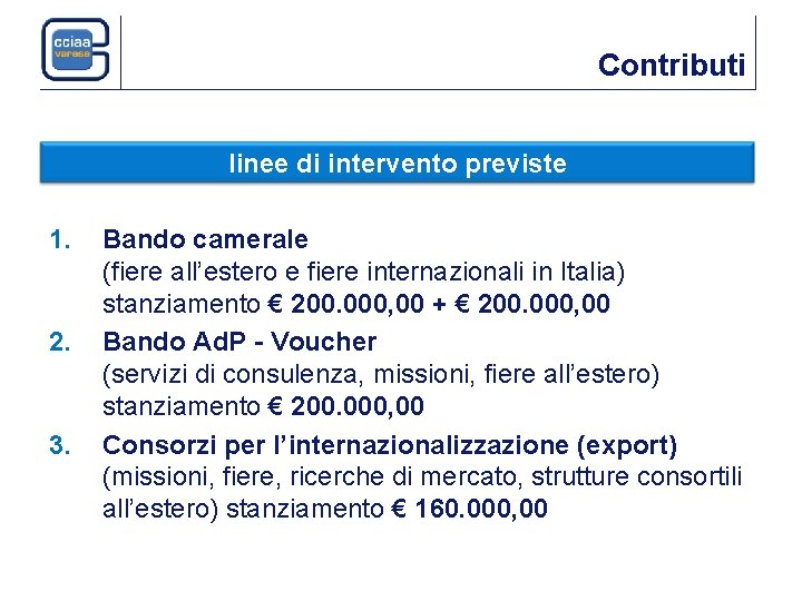 Contributi linee di intervento previste 1. 2. 3. Bando camerale (fiere all’estero e fiere