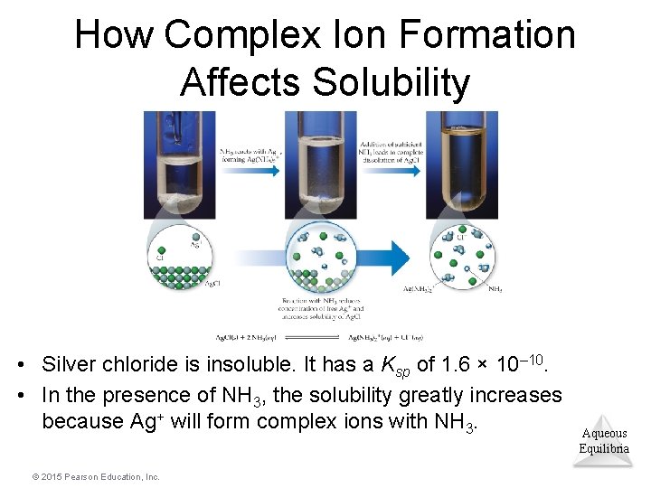 How Complex Ion Formation Affects Solubility • Silver chloride is insoluble. It has a