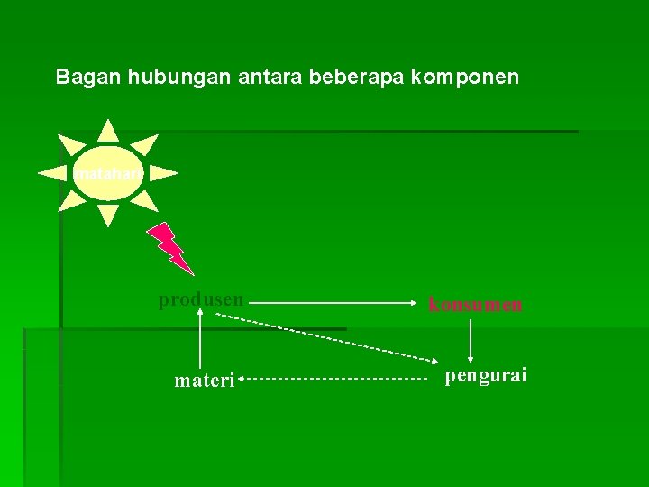 Bagan hubungan antara beberapa komponen matahari produsen materi konsumen pengurai 