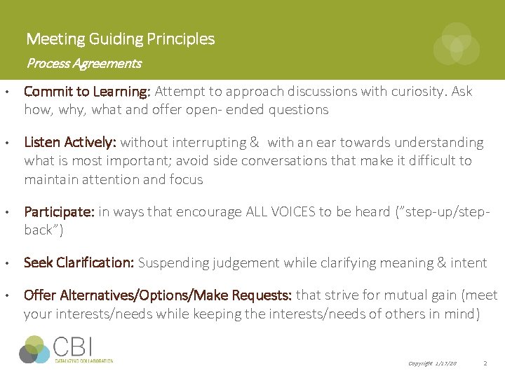 Meeting Guiding Principles Process Agreements • Commit to Learning: Attempt to approach discussions with