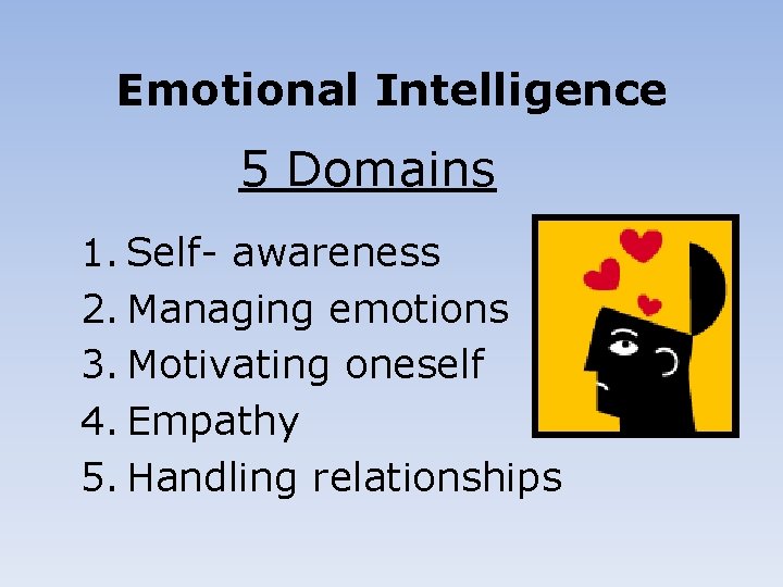 Emotional Intelligence 5 Domains 1. Self- awareness 2. Managing emotions 3. Motivating oneself 4.