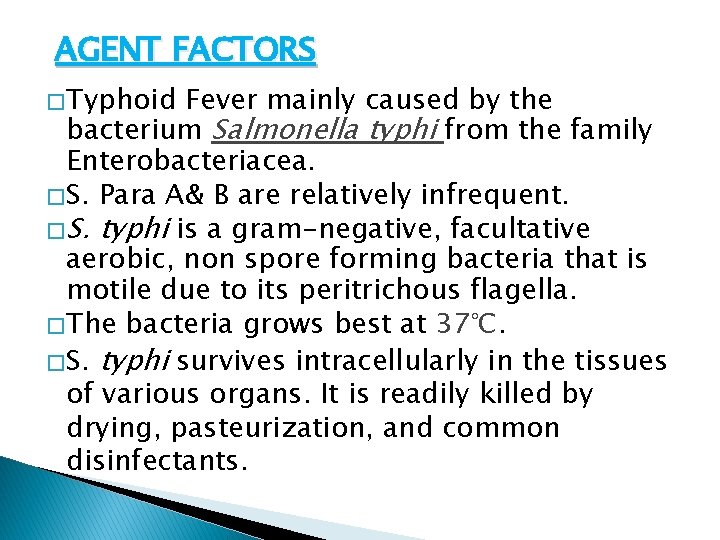 AGENT FACTORS � Typhoid Fever mainly caused by the bacterium Salmonella typhi from the
