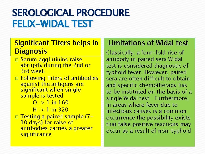 SEROLOGICAL PROCEDURE FELIX-WIDAL TEST Significant Titers helps in Diagnosis � � � Serum agglutinins