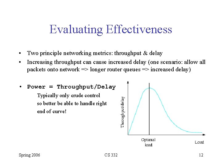 Evaluating Effectiveness • Two principle networking metrics: throughput & delay • Increasing throughput can