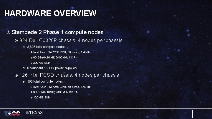 HARDWARE OVERVIEW Stampede 2 Phase 1 compute nodes 924 Dell C 6320 P chassis,