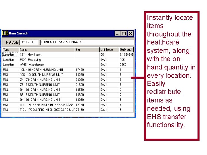 Instantly locate items throughout the healthcare system, along with the on hand quantity in