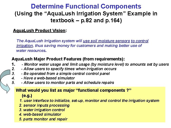 Determine Functional Components (Using the “Aqua. Lush Irrigation System” Example in textbook – p.