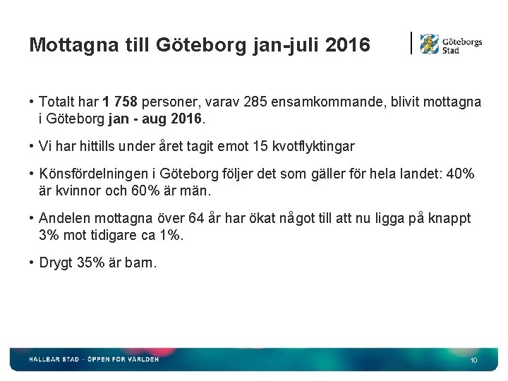 Mottagna till Göteborg jan-juli 2016 • Totalt har 1 758 personer, varav 285 ensamkommande,