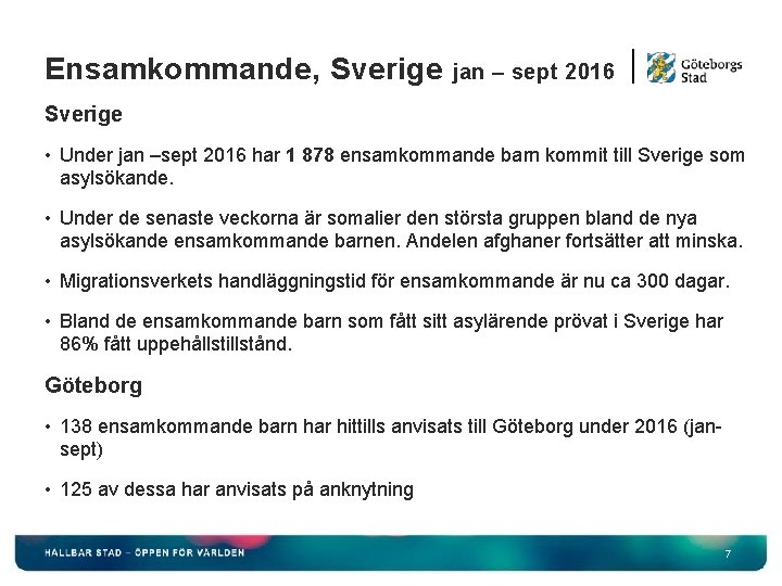 Ensamkommande, Sverige jan – sept 2016 Sverige • Under jan –sept 2016 har 1