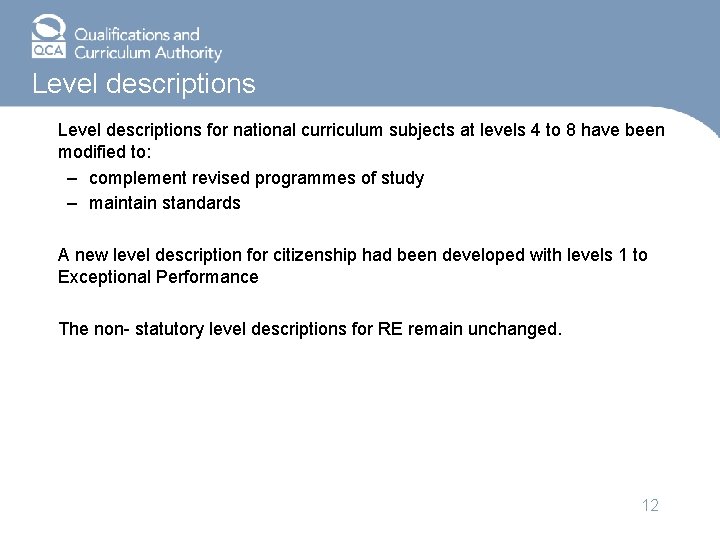 Level descriptions for national curriculum subjects at levels 4 to 8 have been modified
