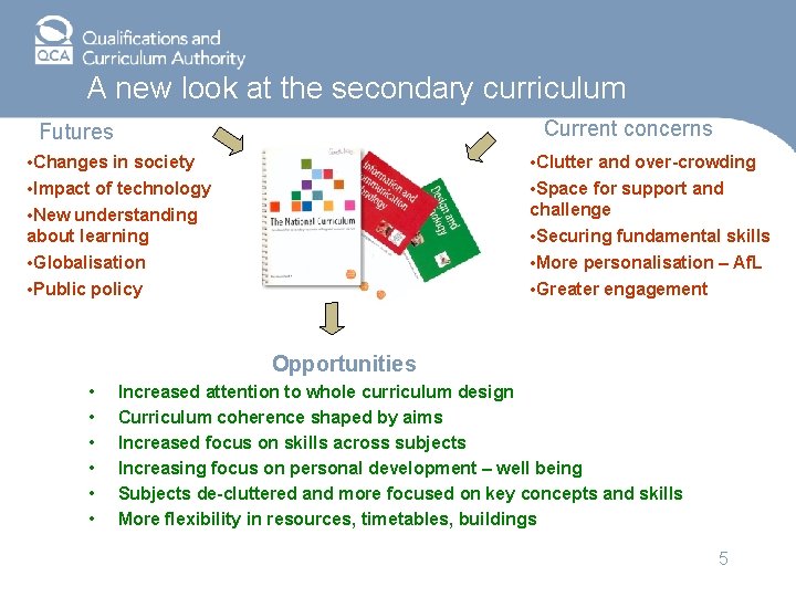A new look at the secondary curriculum Current concerns Futures • Changes in society
