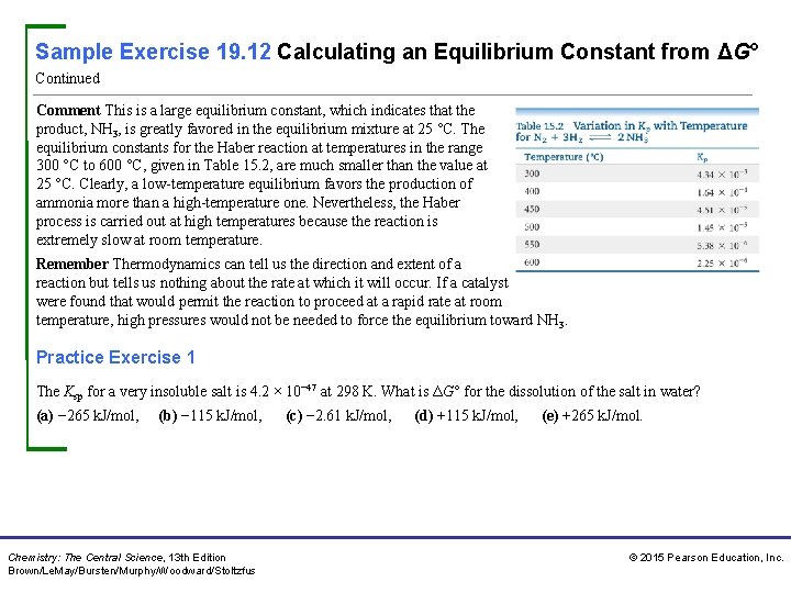 Sample Exercise 19. 12 Calculating an Equilibrium Constant from ΔG° Continued Comment This is