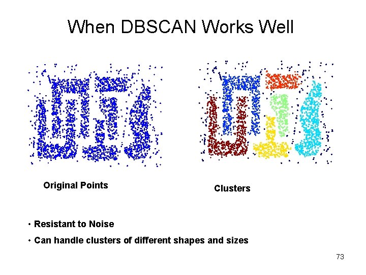 When DBSCAN Works Well Original Points Clusters • Resistant to Noise • Can handle