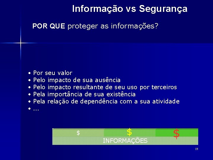 Informação vs Segurança POR QUE proteger as informações? • • • Por seu valor