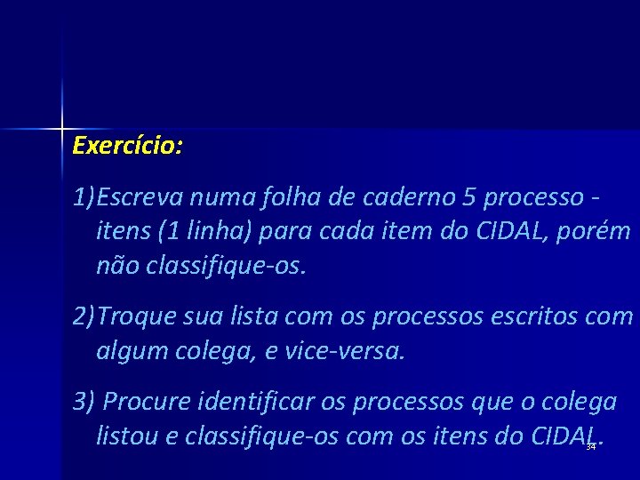 Exercício: 1)Escreva numa folha de caderno 5 processo itens (1 linha) para cada item