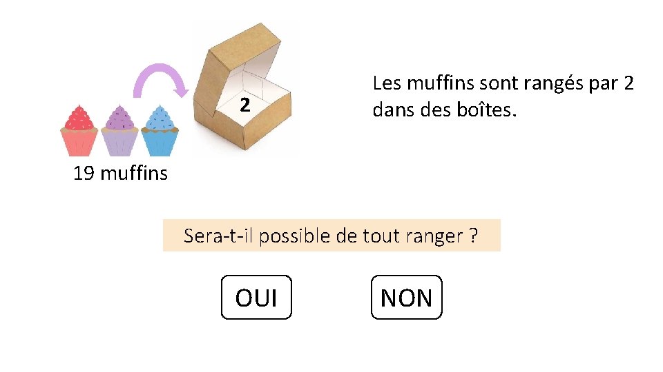 2 Les muffins sont rangés par 2 dans des boîtes. 19 muffins Sera-t-il possible