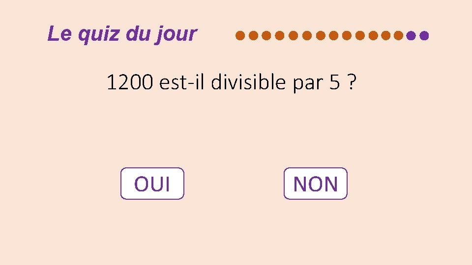 Le quiz du jour 1200 est-il divisible par 5 ? OUI NON 