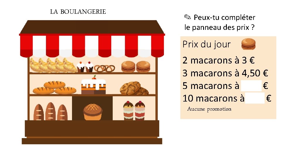 LA BOULANGERIE ✎ Peux-tu compléter le panneau des prix ? Prix du jour 2