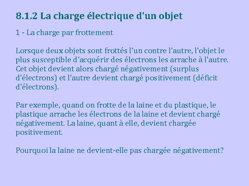 8. 1. 2 La charge électrique d'un objet 1 - La charge par frottement