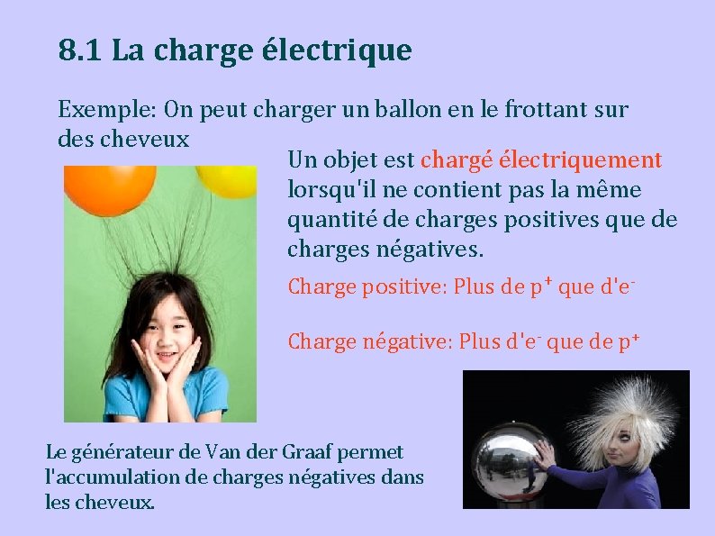 8. 1 La charge électrique Exemple: On peut charger un ballon en le frottant