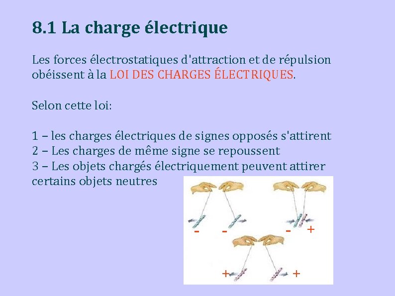 8. 1 La charge électrique Les forces électrostatiques d'attraction et de répulsion obéissent à