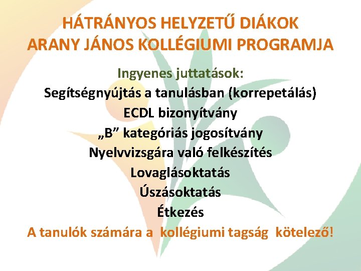 HÁTRÁNYOS HELYZETŰ DIÁKOK ARANY JÁNOS KOLLÉGIUMI PROGRAMJA Ingyenes juttatások: Segítségnyújtás a tanulásban (korrepetálás) ECDL