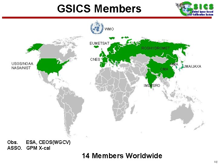 GSICS Members WMO EUMETSAT ROSHYDROMET CNES USGS/NOAA NASA/NIST KMA CMA JMA/JAXA IMD/ISRO Obs. ESA,