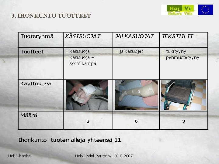 3. IHONKUNTO TUOTTEET Tuoteryhmä KÄSISUOJAT Tuotteet p p käsisuoja + sormikampa JALKASUOJAT p jalkasuojat