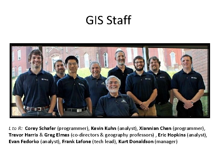 GIS Staff L to R: Corey Schafer (programmer), Kevin Kuhn (analyst), Xiannian Chen (programmer),