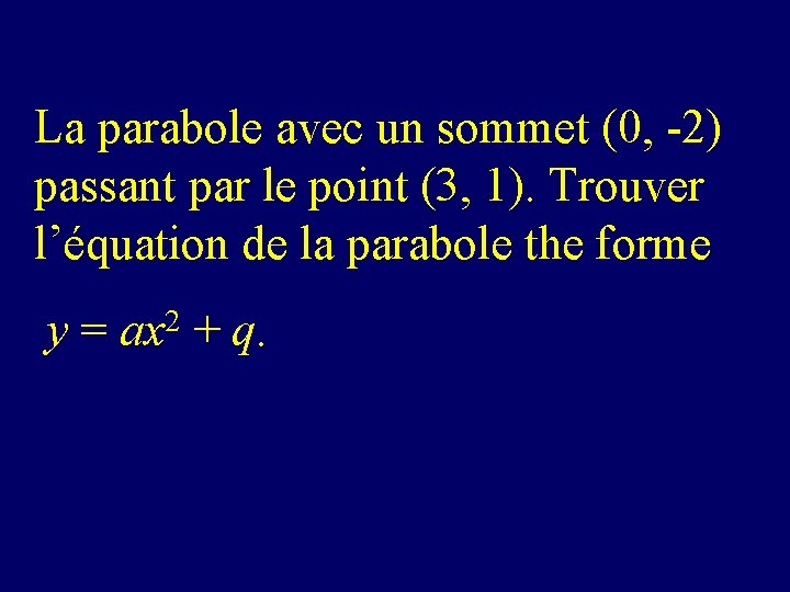 La parabole avec un sommet (0, -2) passant par le point (3, 1). Trouver