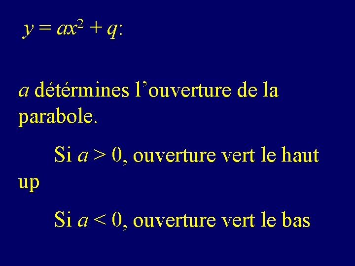 y = ax 2 + q: a détérmines l’ouverture de la parabole. Si a