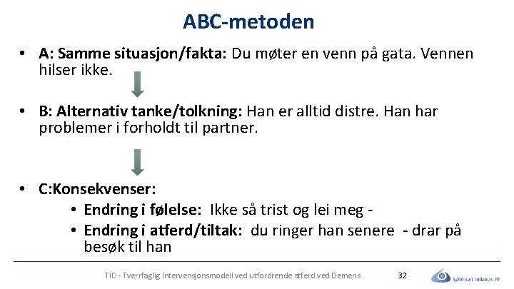 ABC-metoden • A: Samme situasjon/fakta: Du møter en venn på gata. Vennen hilser ikke.