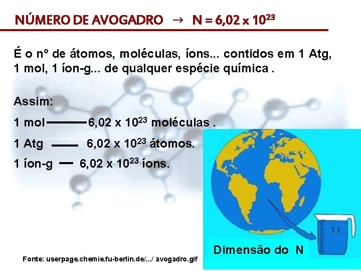 NÚMERO DE AVOGADRO → N = 6, 02 x 1023 É o n° de