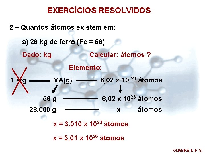 EXERCÍCIOS RESOLVIDOS 2 – Quantos átomos existem em: a) 28 kg de ferro (Fe