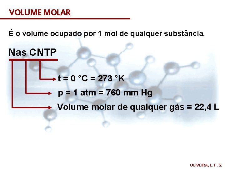 VOLUME MOLAR É o volume ocupado por 1 mol de qualquer substância. Nas CNTP
