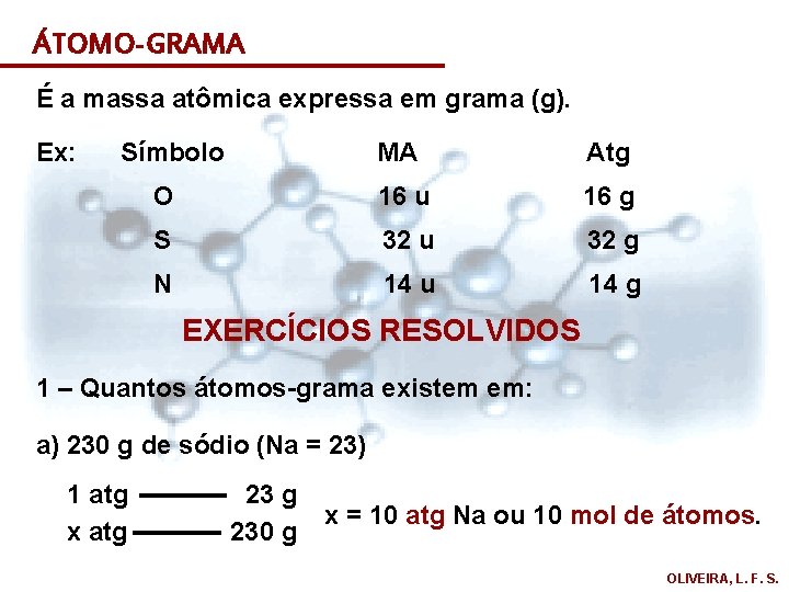 ÁTOMO-GRAMA É a massa atômica expressa em grama (g). Ex: Símbolo MA Atg O
