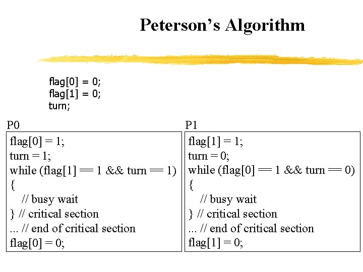 Peterson’s Algorithm flag[0] = 0; flag[1] = 0; turn; P 0 flag[0] = 1;