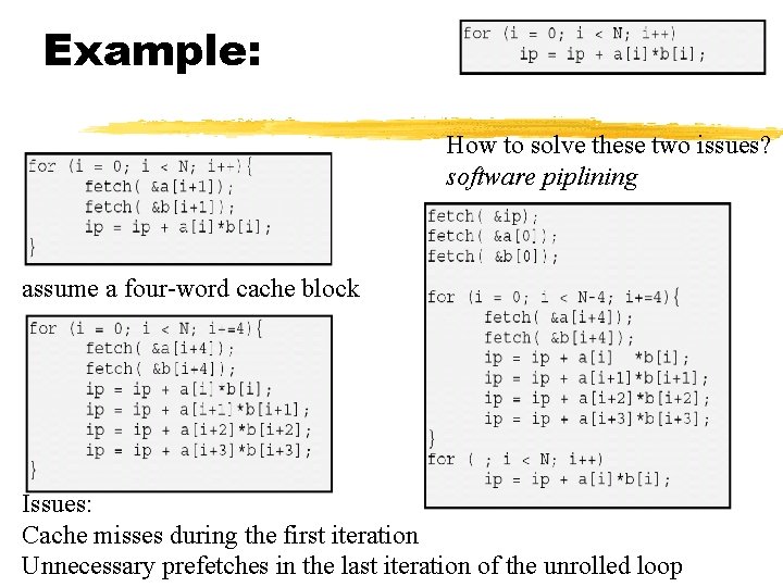 Example: How to solve these two issues? software piplining assume a four-word cache block